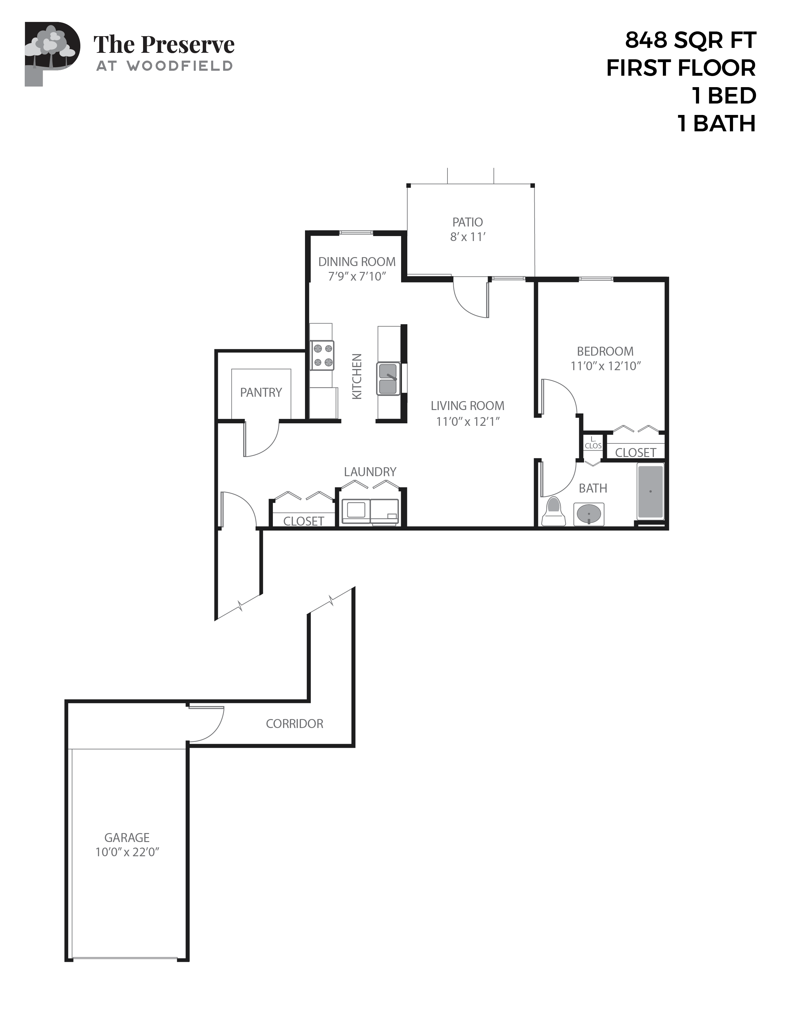 Floor plan for 1 bed, 1 bath, 848 sqft